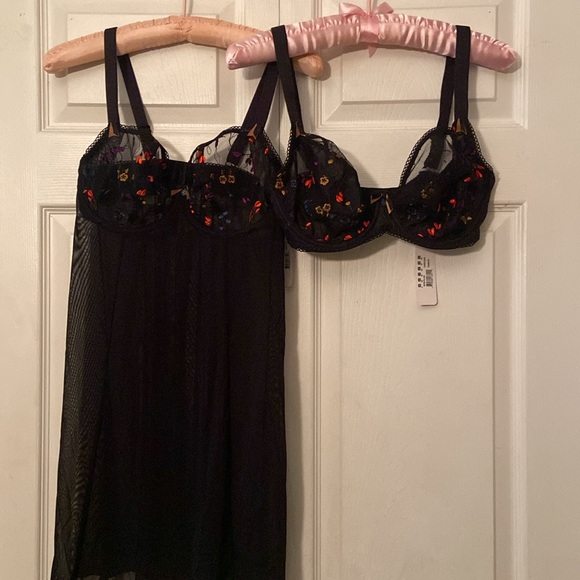 FREYA Set Twin Black/Noir Slip Babydoll Mesh Nylon Embroidered Bra sz 30 G NWT